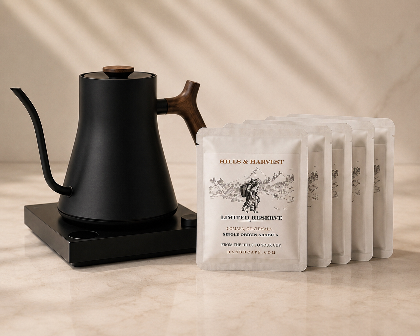 Fellow Stagg EKG Pro kettle alongside Hills & Harvest drip bags — Ritual Collection