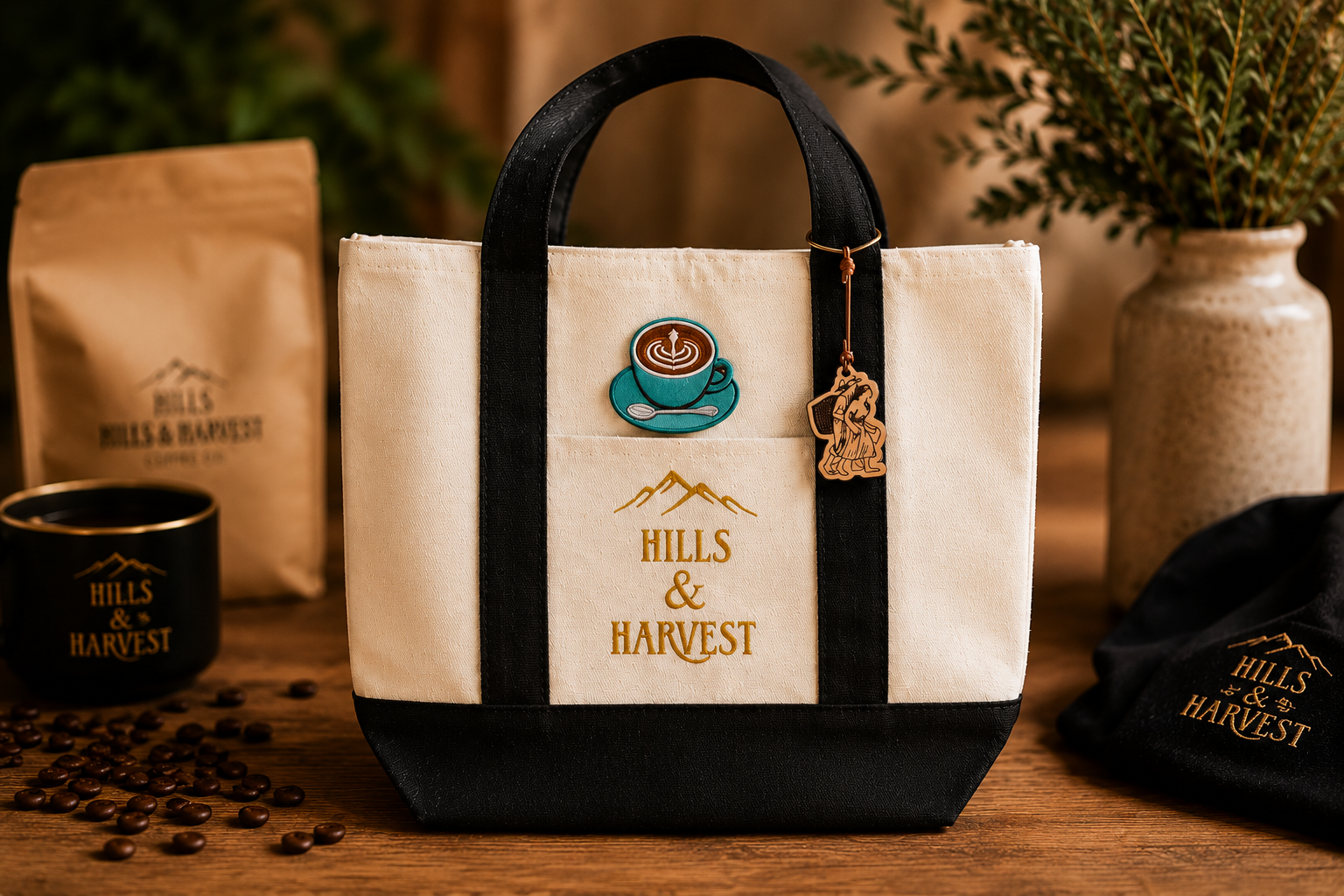 Hills & Harvest Mini Tote Bag — finished tote with patch on natural canvas